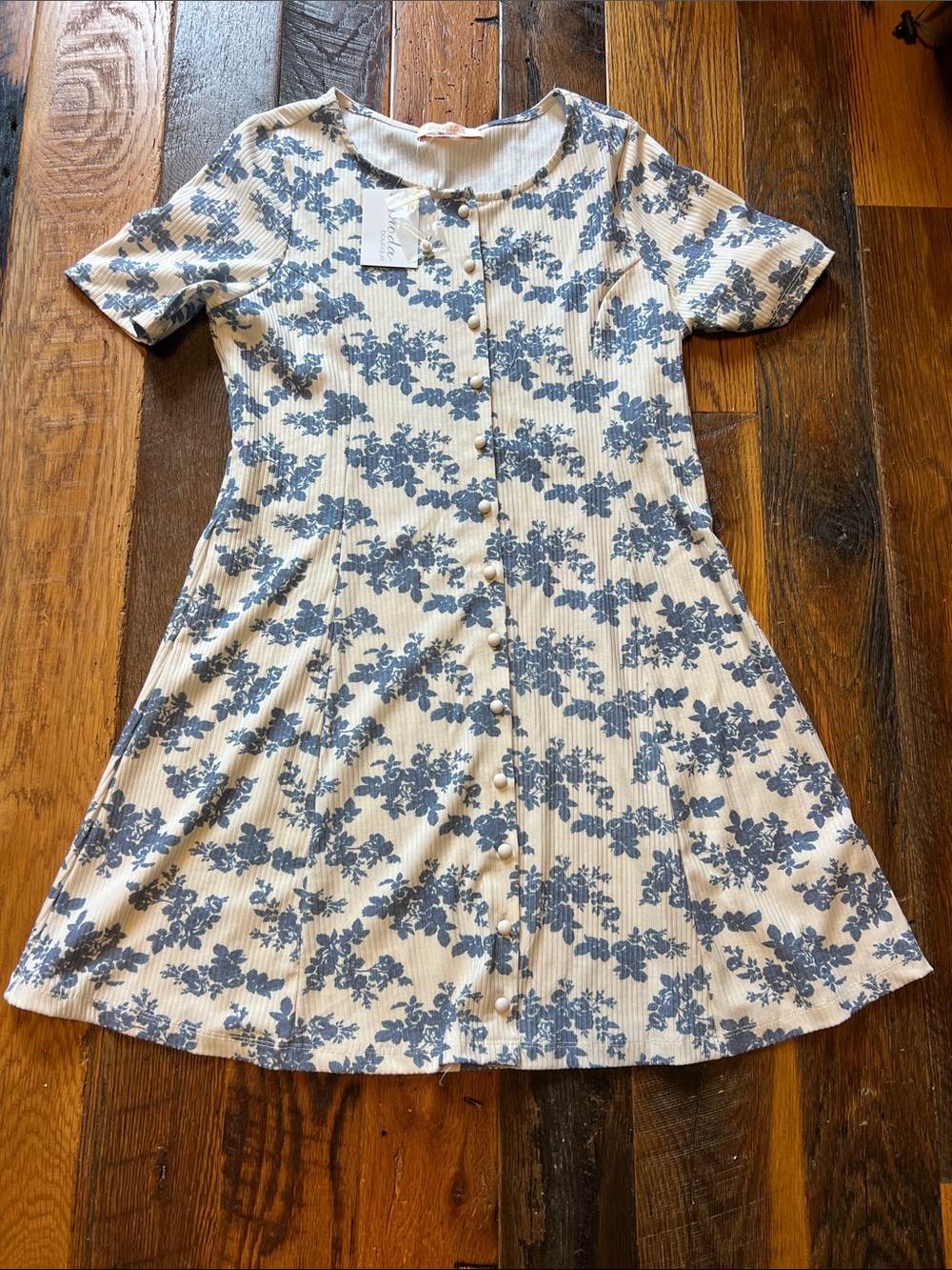 Olivaceous Cream Mini Dress with Blue Floral Print